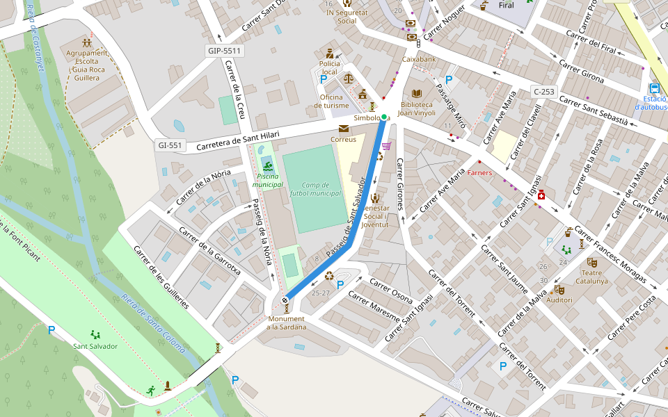 Passeig de Sant Salvador walking route map in Santa Coloma de Farners