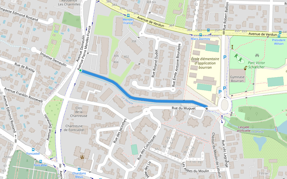 Aire piétonne La Devèze walking route map in Mérignac