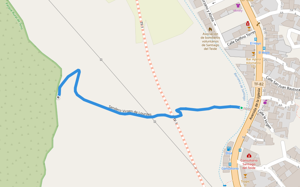 Sendero Virgen de Lourdes walking route map in Santiago del Teide