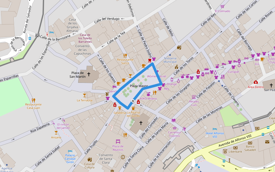 Plaza Mayor walking route map in Plasencia