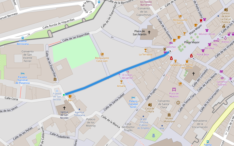 Rúa Zapatería walking route map in Plasencia