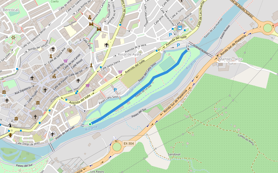 Paseo de La Isla walking route map in Plasencia