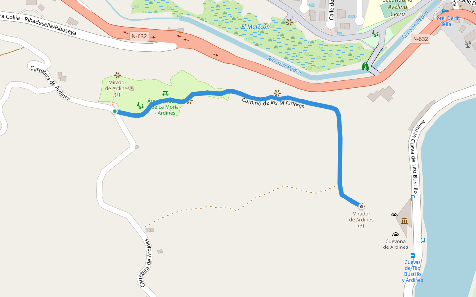 Camino de los Miradores walking route map in Ribadesella