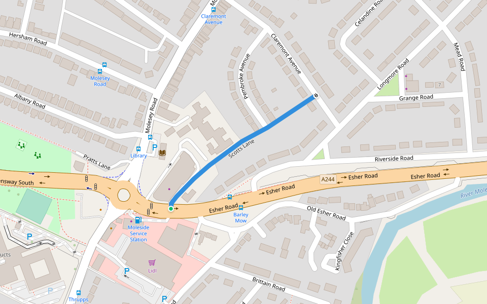 Scotts Lane walking route map in Hersham