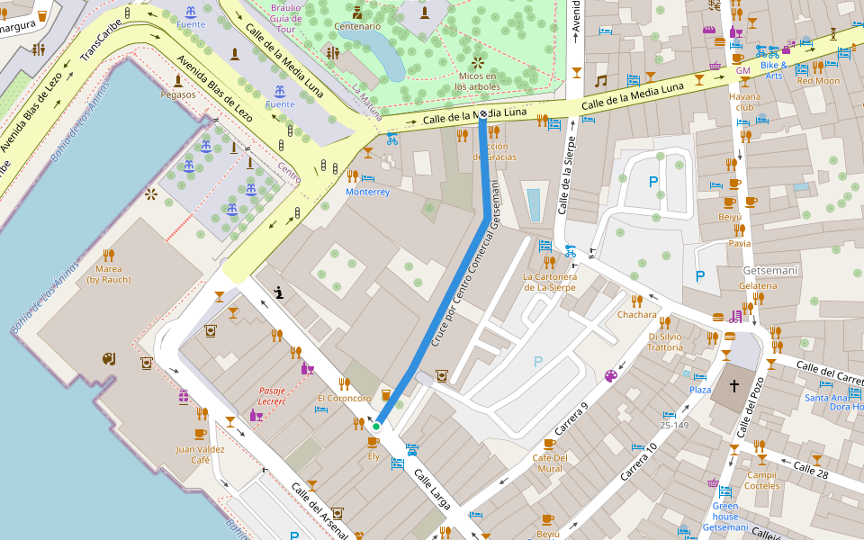 Cruce por Centro Comercial Getsemaní walking route map in Cartagena de Indias