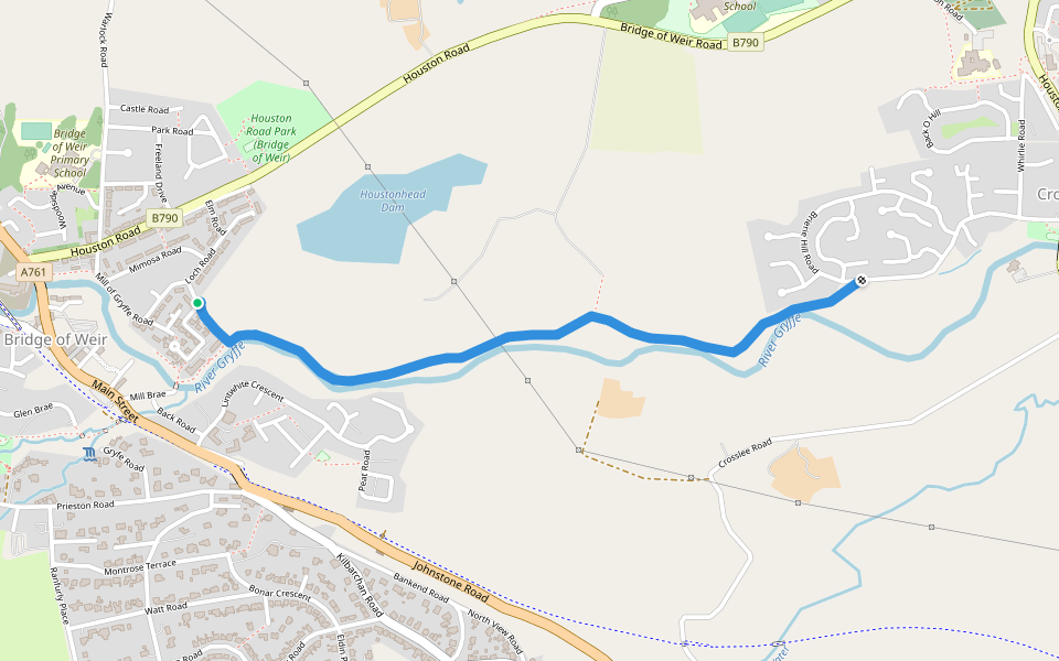 Mill Lade Path walking route map in Bridge of Weir