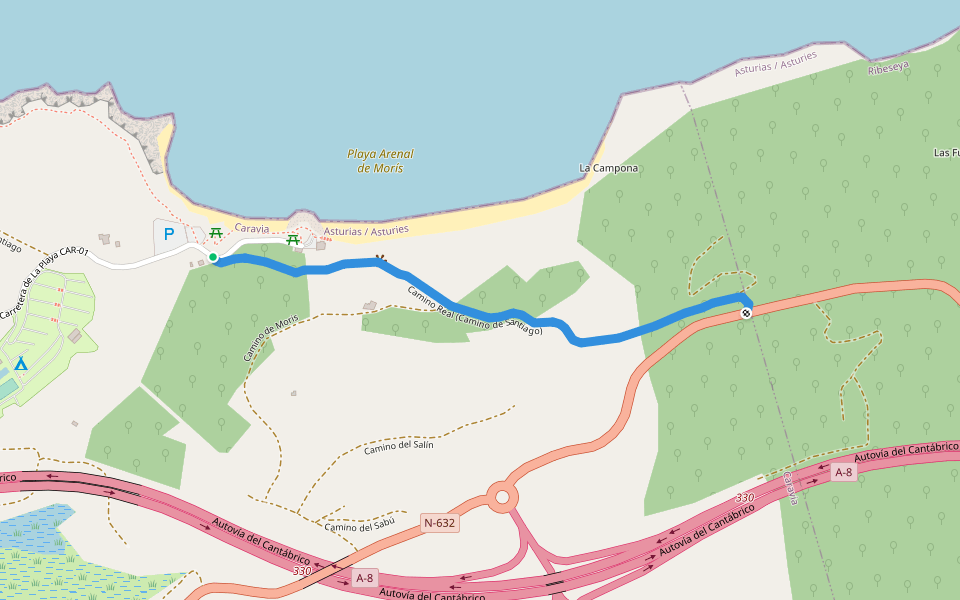 Camino Real (Camino de Santiago) walking route map in La Cantiella
