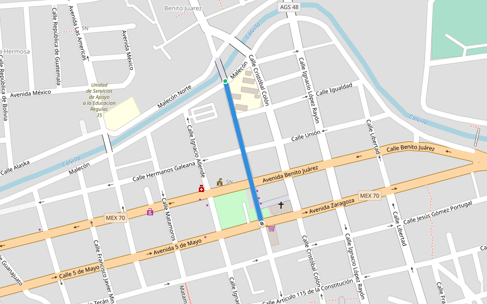 Calle Centenario walking route map in Aguascalientes