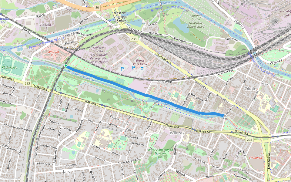 Bulwar Sebastiana Malinowskiego walking route map in Bydgoszcz