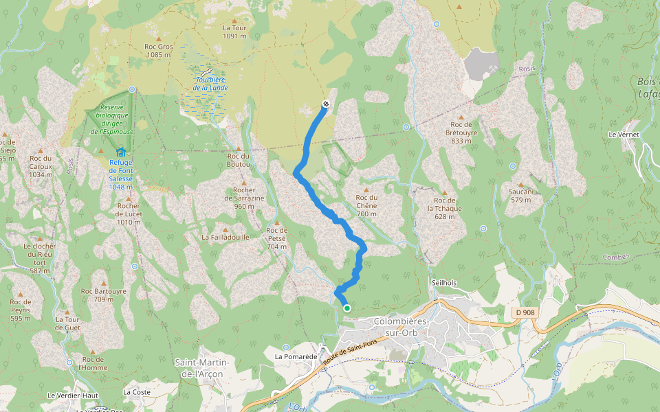 Sentier de l'Esquino d'Aze walking route map in Colombières-sur-Orb