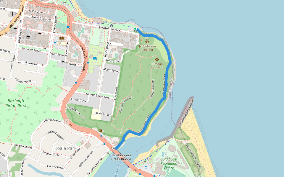 Oceanview Track walking route map in Burleigh Heads