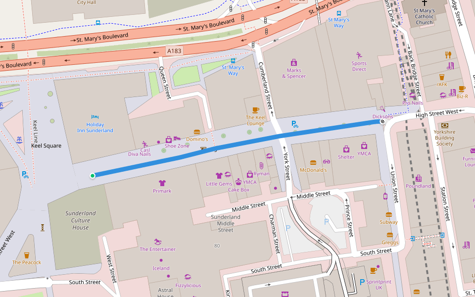 High Street West walking route map in Sunderland