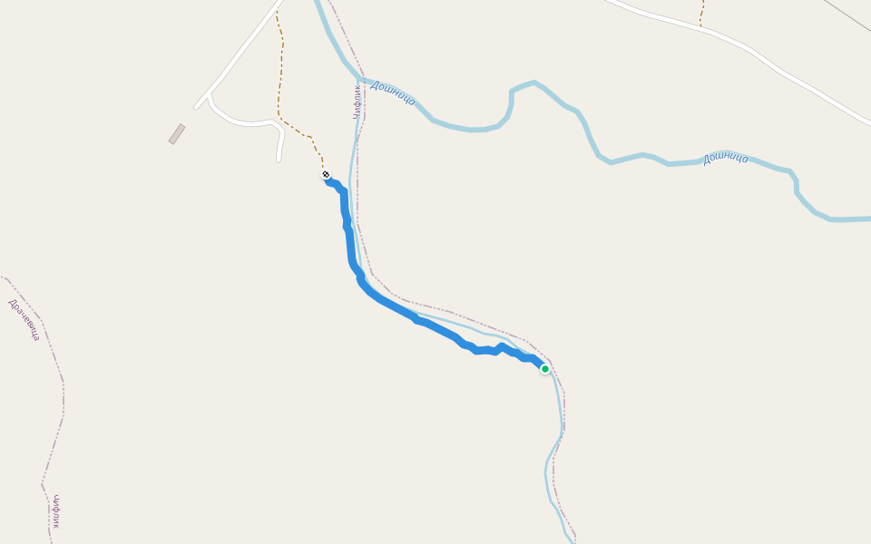 Footpath to "Toplo Verishte" swimming holes walking route map in Dren