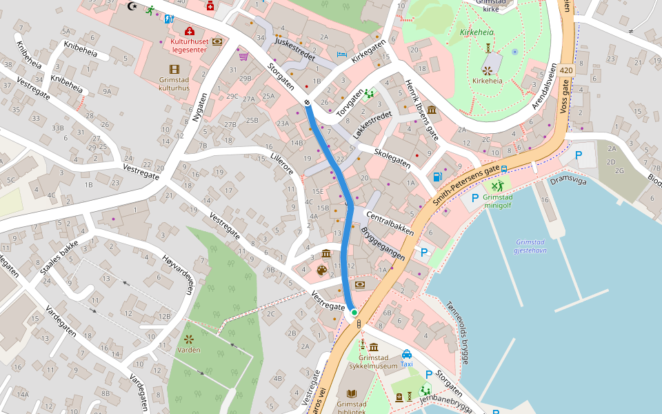 Storgaten walking route map in Grimstad