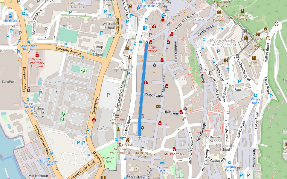 Irish Town walking route map in Gibraltar