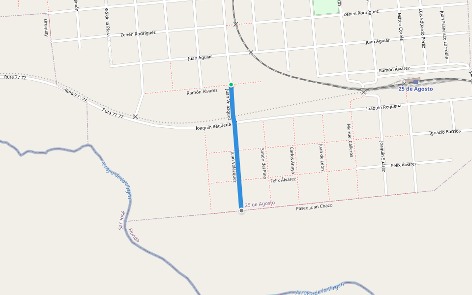 Juan Velázquez walking route map in 25 de Agosto