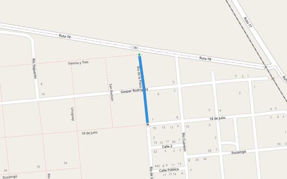 Río de la Plata walking route map in 25 de Agosto