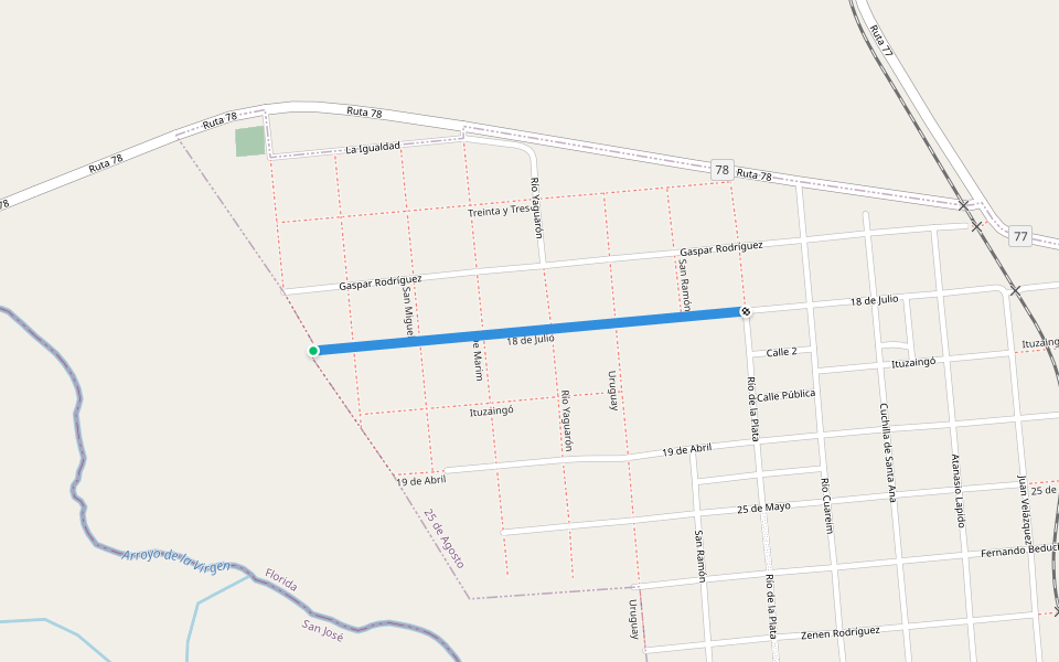 18 de Julio walking route map in 25 de Agosto