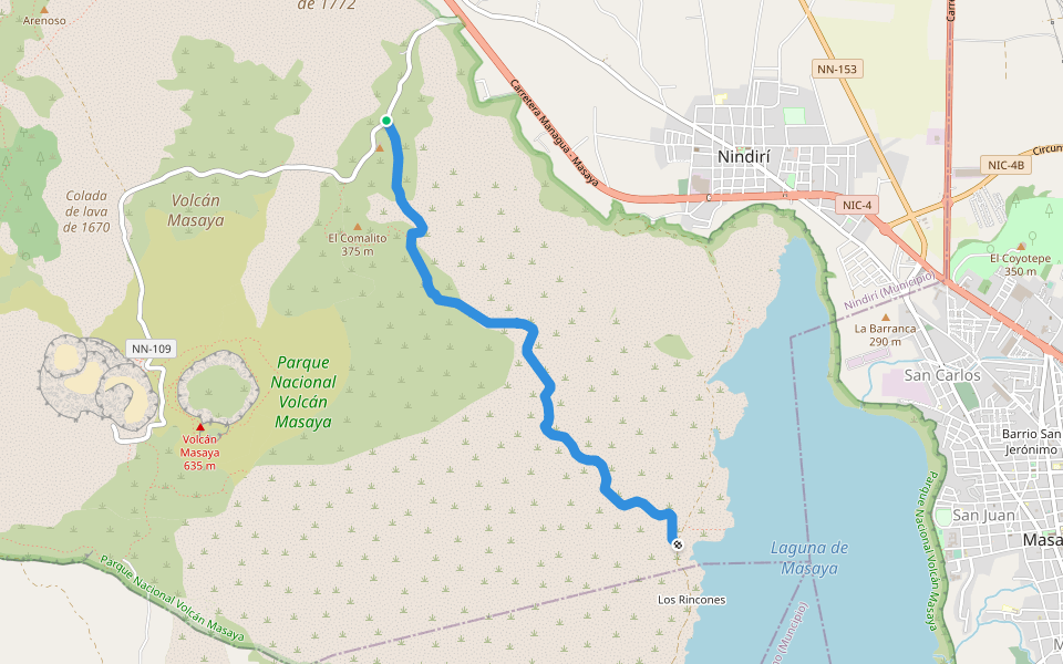Los Coyotes walking route map in Masaya