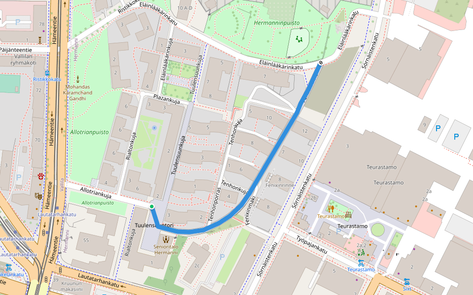 Fenixinrinne walking route map in Helsinki