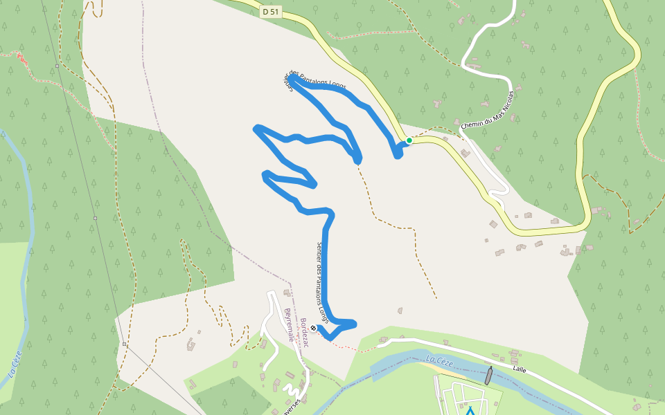 Sentier des Pantalons Longs walking route map in Bordezac
