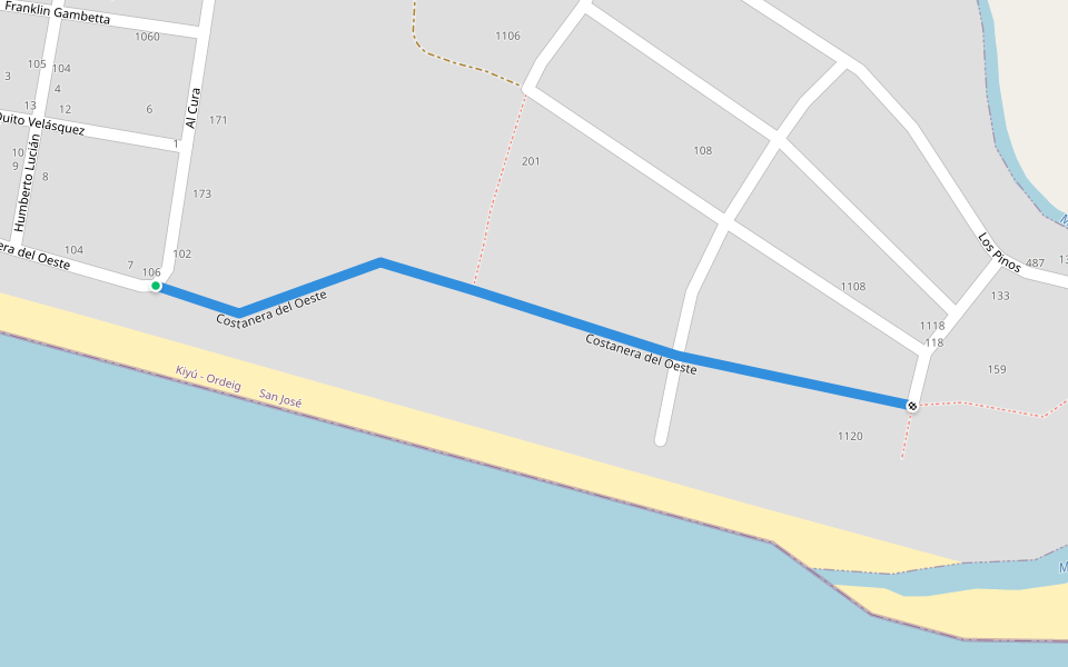 Costanera del Oeste walking route map in 25 de Agosto
