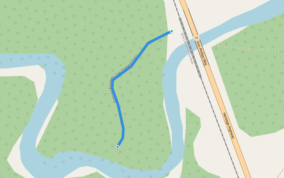 Dinosaur Footprints Trail (Flatbed Pools) walking route map in Tumbler Ridge