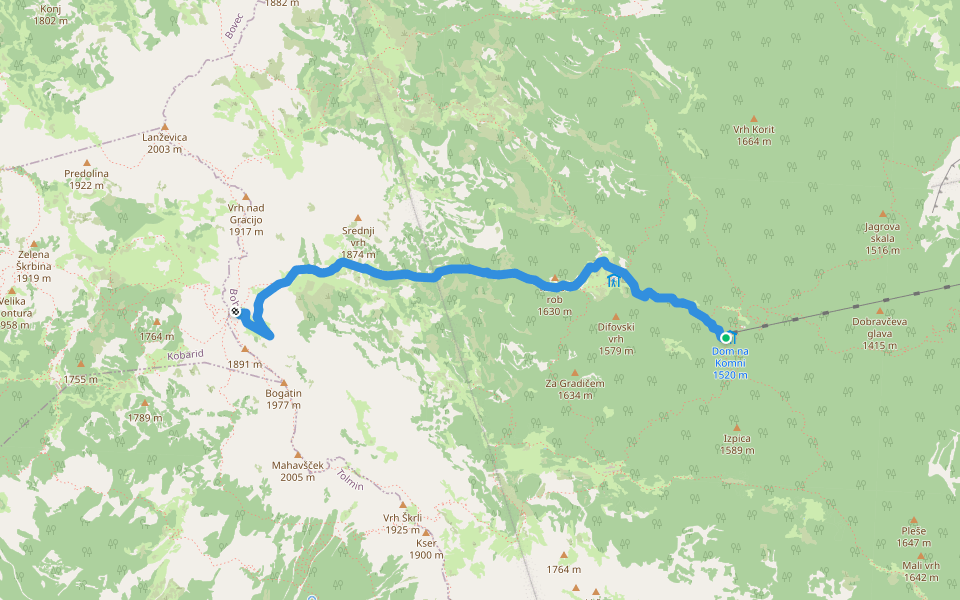 Dom na Komni - Bogatinsko sedlo walking route map in Ukanc