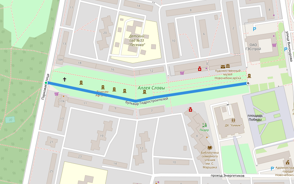 бульвар Гидростроителей walking route map in Novocheboksarsk