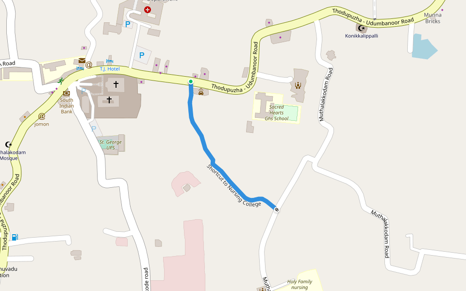 Shortcut to Nursing College walking route map in Muthalakodam