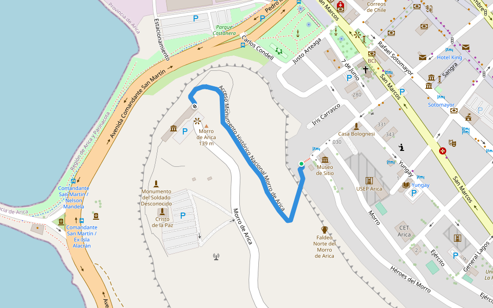Acceso Monumento Histórico Nacional Morro de Arica walking route map in Arica