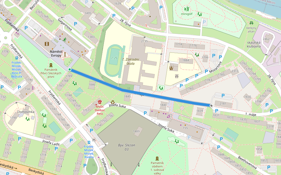 1. máje walking route map in Frýdek-Místek