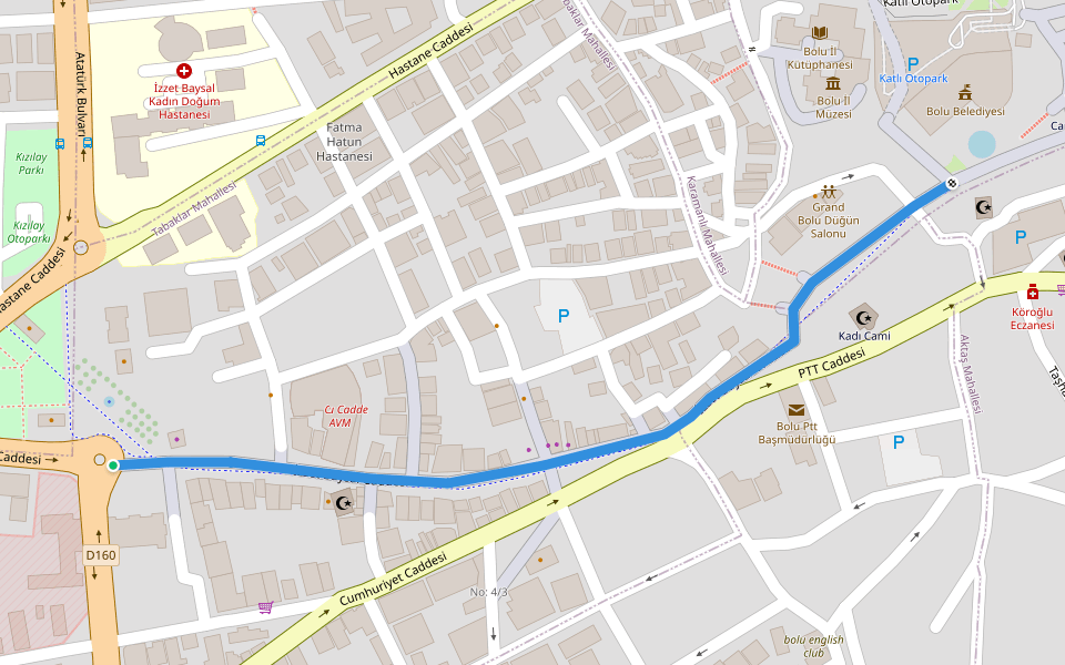 İzzet Baysal Caddesi walking route map in Bolu