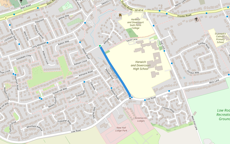 Halfacre Lane walking route map in Harwich
