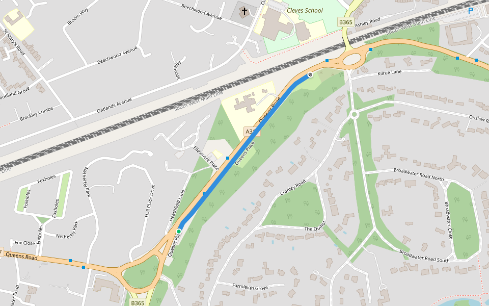 Queens Place walking route map in Hersham