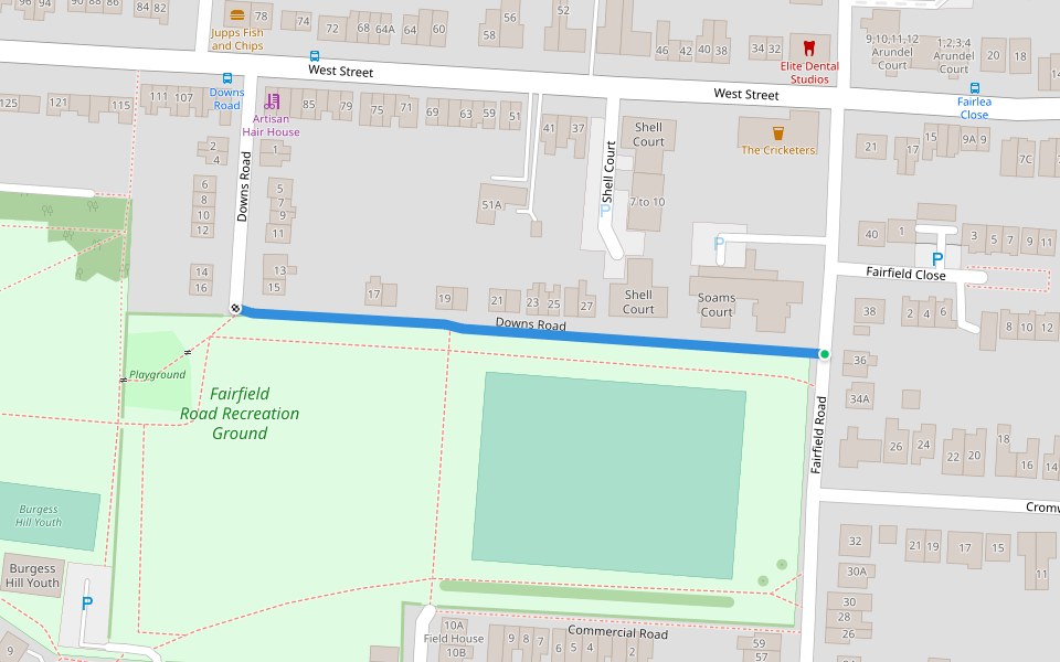 Downs Road walking route map in Burgess Hill
