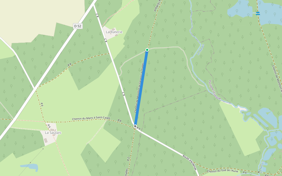 Chemin de Montfort-le-Gesnois à Challes walking route map in Parigné-l'Évêque