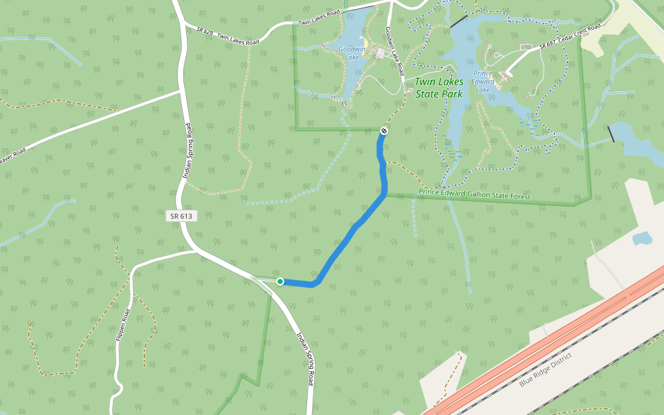 Goodwin Lake Road walking route map in Burkeville