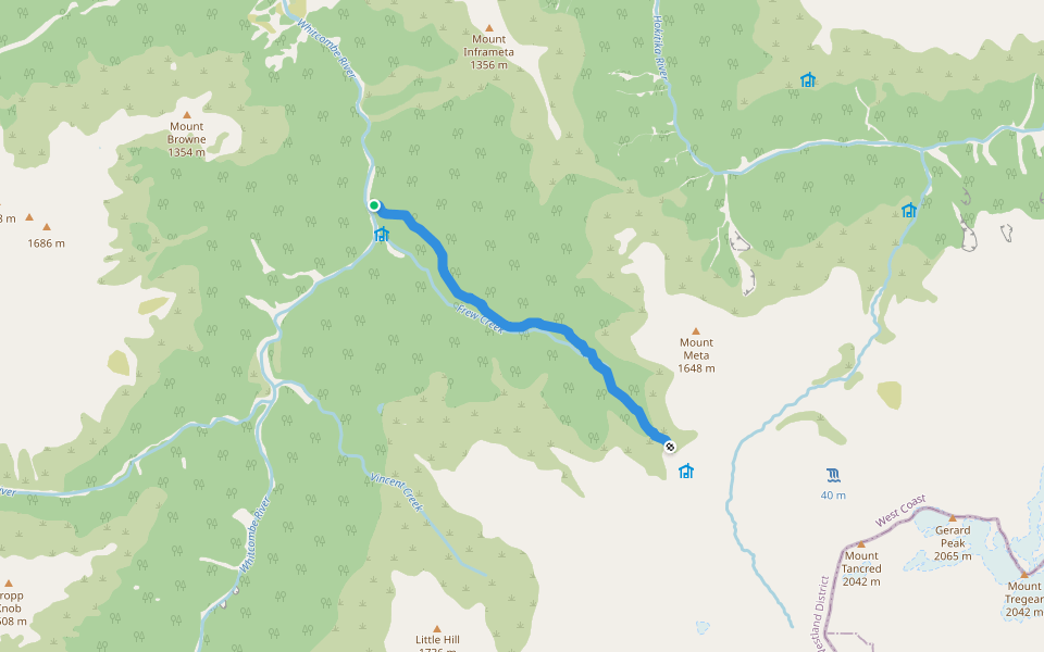 Frew Saddle Track walking route map in Kakapotahi