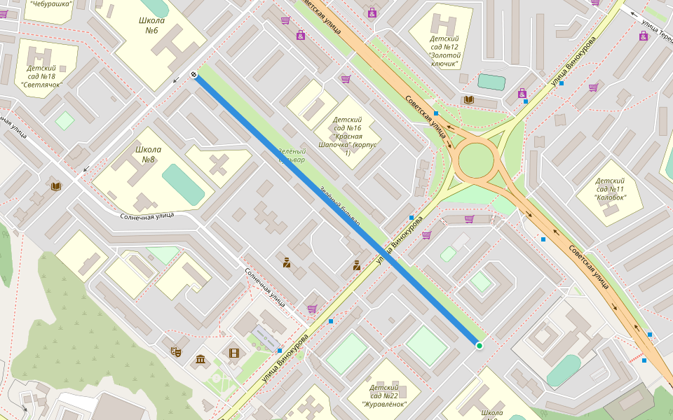Зелёный бульвар walking route map in Novocheboksarsk