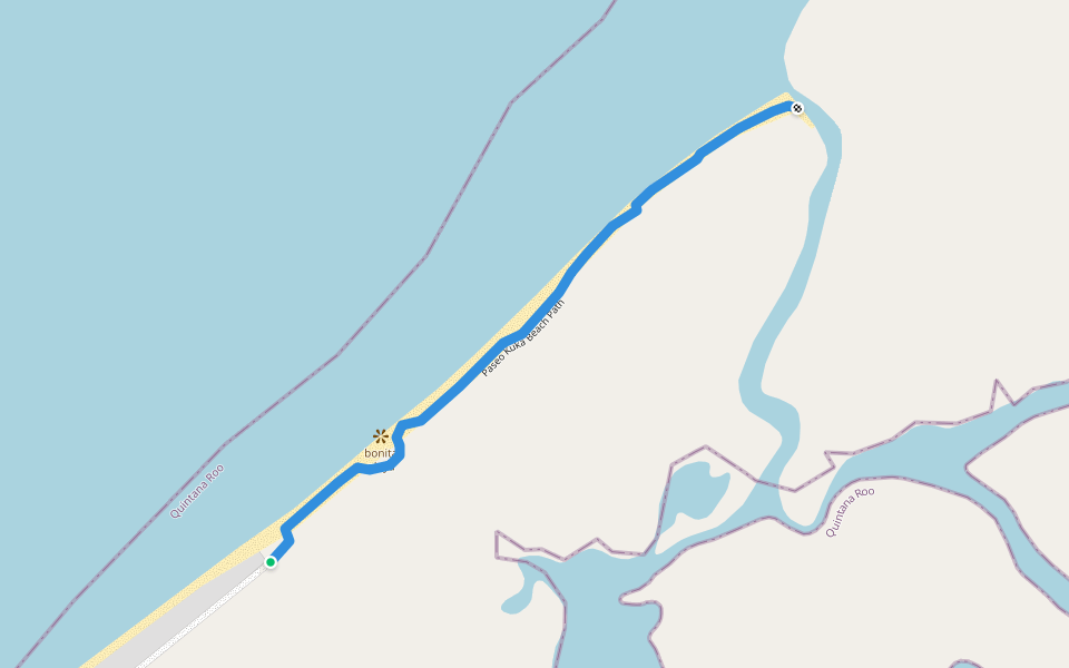 Paseo Kuka Beach Path walking route map in Holbox