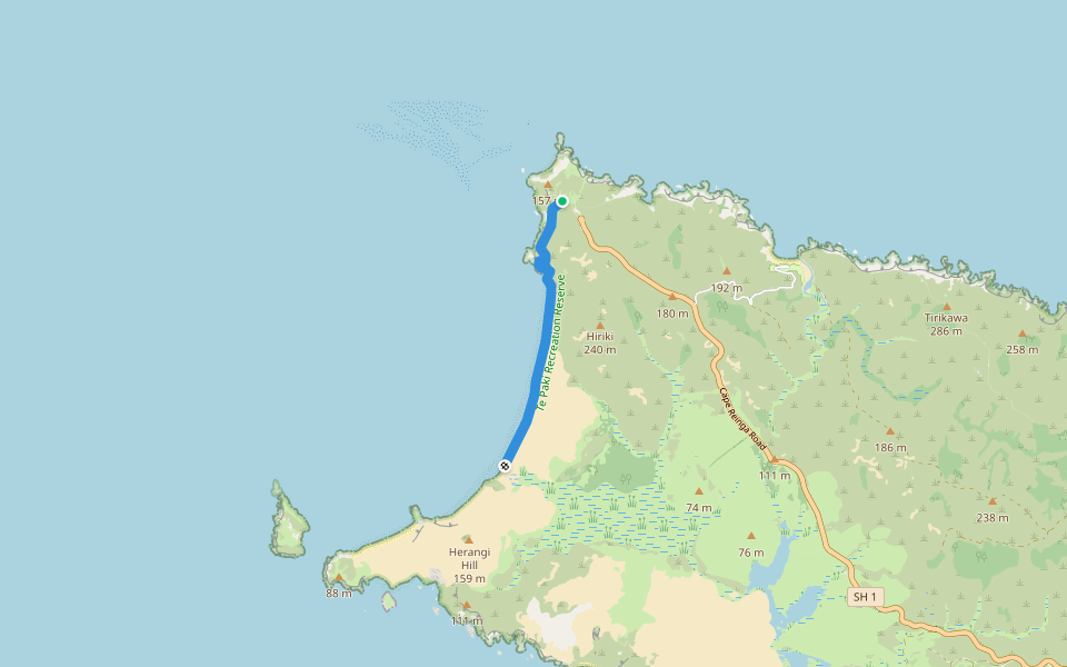 Te Werahi Beach Track walking route map in Cape Reinga