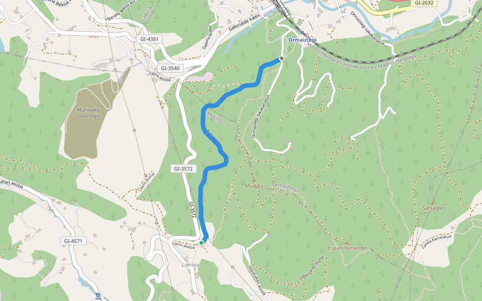Bide berdea walking route map in Mutiloa