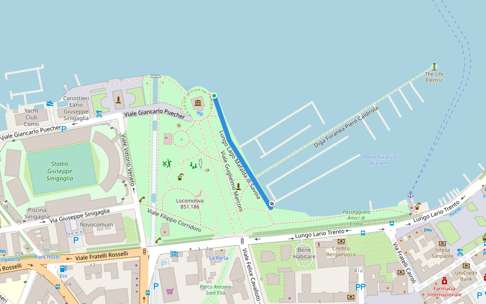 Lungo Lago Mafalda di Savoia walking route map in Como