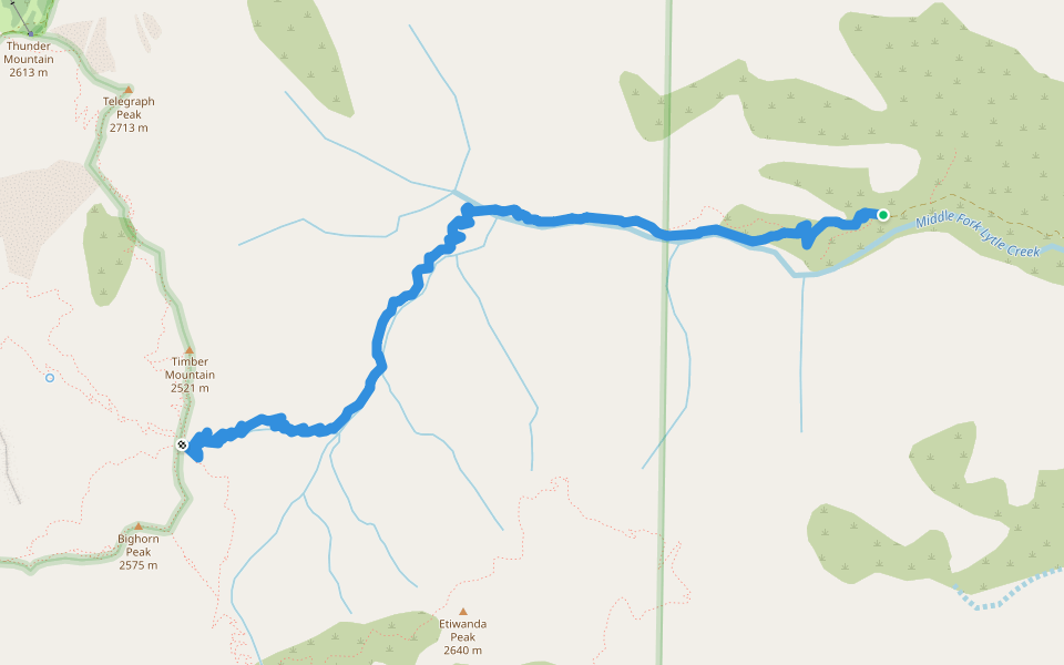 Middle Fork Trail walking route map in Lytle Creek