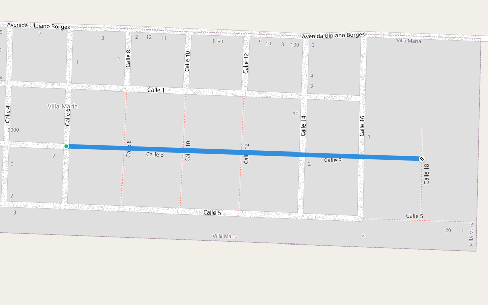 Calle 3 walking route map in Las Cañas
