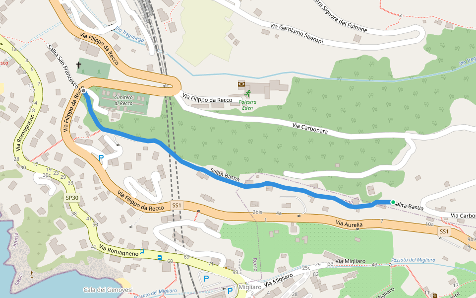 Salita Bastia walking route map in Camogli