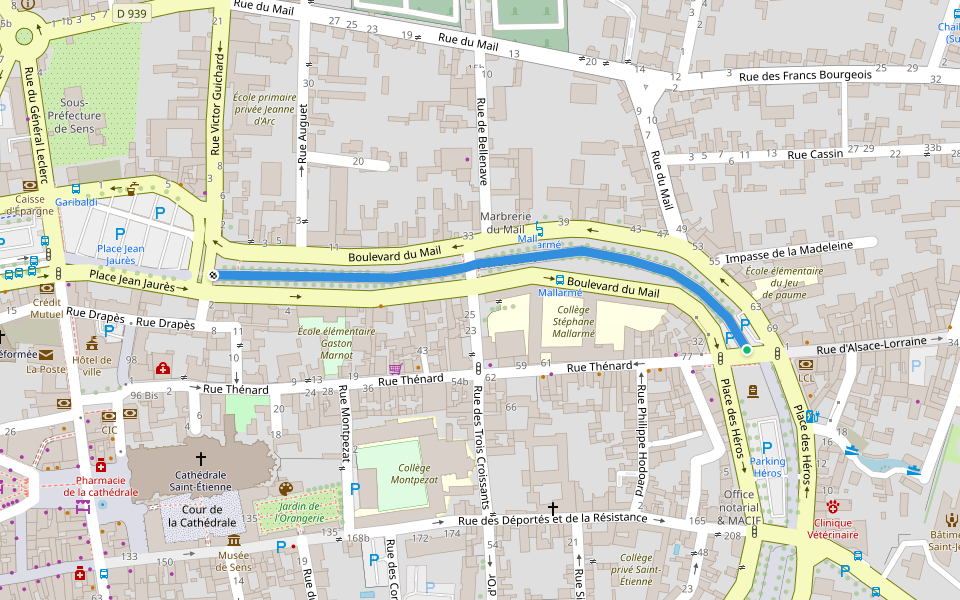Boulevard du Mail walking route map in Sens