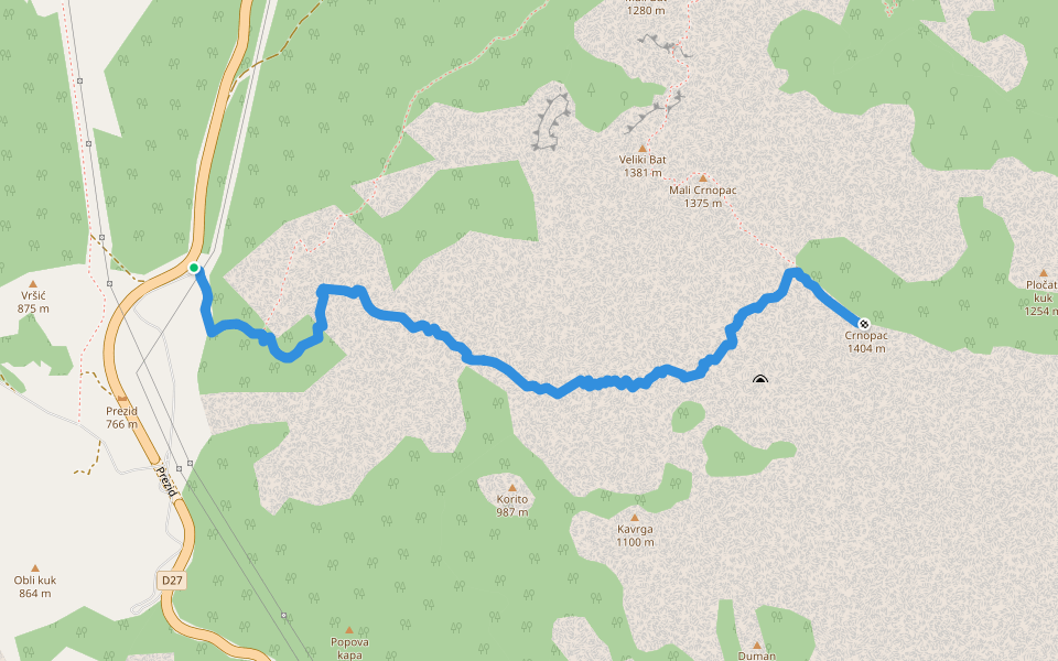 Crnopac vrh walking route map in Gračac