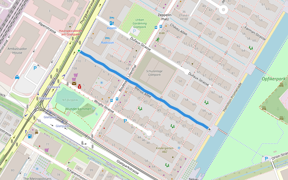 Blériot-Allee walking route map in Opfikon